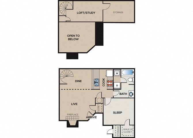 Floor plan for 1 bed, 1 bath, 800 sqft